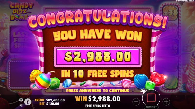 Tampilan Kemenangan disertai Pemberian Spin Gratis di Slot Online Candy Blitz Bombs 